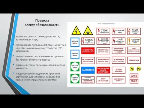 Правила электробезопасности нельзя закрывать токоведущие части, выключатели и др.; использовать провода слаботочных