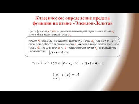 Классическое определение предела функции на языке «Эпсилон-Дельта» Пусть функция y = f(x)