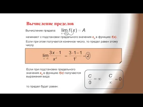 Вычисление пределов Вычисление предела: начинают с подстановки предельного значения x0 в функцию