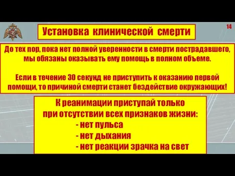 14 Установка клинической смерти К реанимации приступай только при отсутствии всех признаков