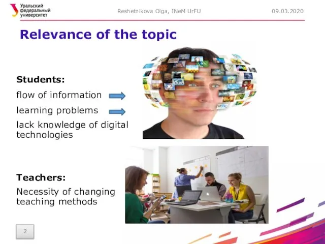 Relevance of the topic Students: flow of information learning problems lack knowledge