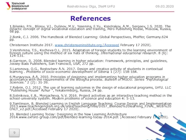 References 1.Bilenko, P.N., Blinov, V.I., Dulinov, M.V., Yesenina, E.Yu., Kondrakov, A.M., Sergeev,