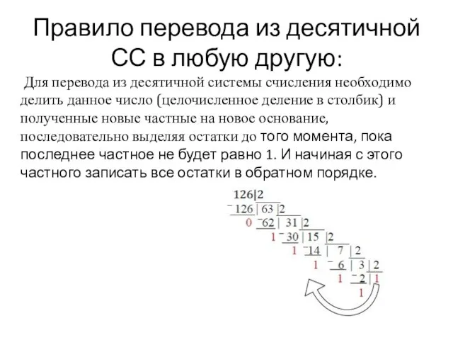 Правило перевода из десятичной СС в любую другую: Для перевода из десятичной