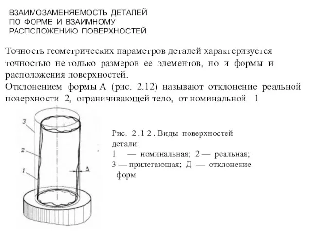 ВЗАИМОЗАМЕНЯЕМОСТЬ ДЕТАЛЕЙ ПО ФОРМЕ И ВЗАИМНОМУ РАСПОЛОЖЕНИЮ ПОВЕРХНОСТЕЙ Точность геометрических параметров деталей