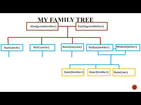 MY FAMILY TREE Alsu(grandmother) Fatyh(grandfather) Azat(uncle) Ramilya(aunt) Nailya(mother) Nail'(uncle) Misbah(father) Emir(brother) Ilsur(brother) Bulat(me)