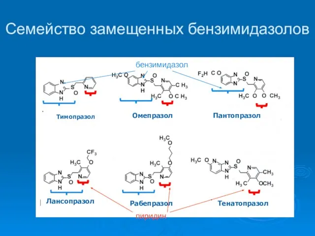 Семейство замещенных бензимидазолов Тимопразол Омепразол Пантопразол Лансопразол Рабепразол Лансопразол Тенатопразол бензимидазол пиридин
