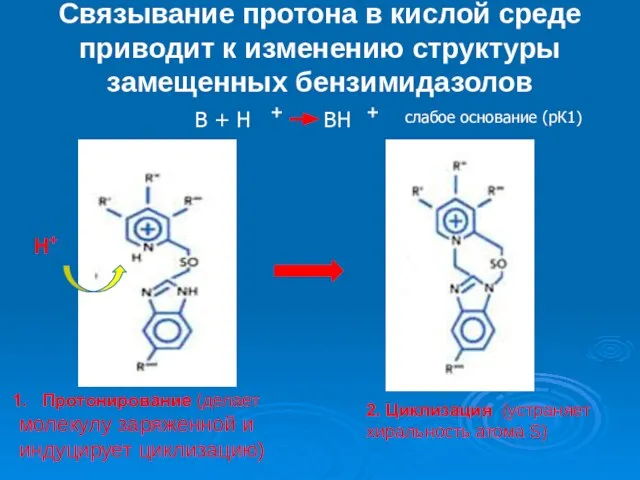 Связывание протона в кислой среде приводит к изменению структуры замещенных бензимидазолов Н+