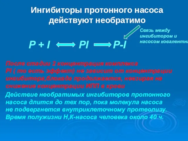 Ингибиторы протонного насоса действуют необратимо P + I PI P-I Связь между