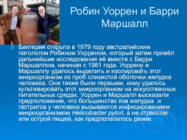 Робин Уоррен и Барри Маршалл Бактерия открыта в 1979 году австралийским патологом