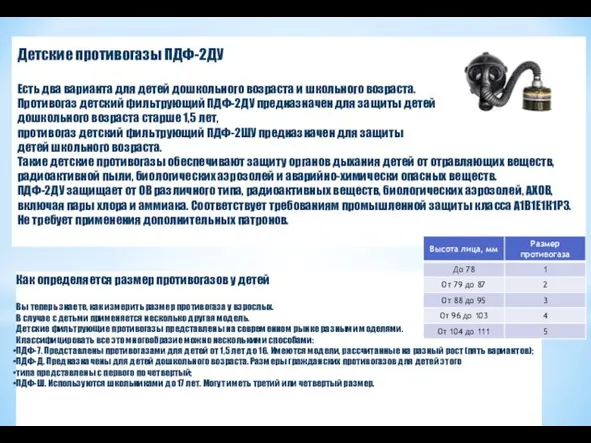 Детские противогазы ПДФ-2ДУ Есть два варианта для детей дошкольного возраста и школьного