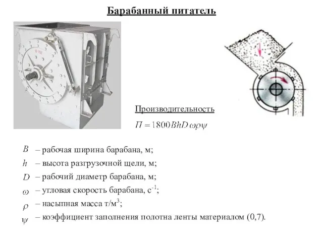 – рабочая ширина барабана, м; – высота разгрузочной щели, м; – рабочий