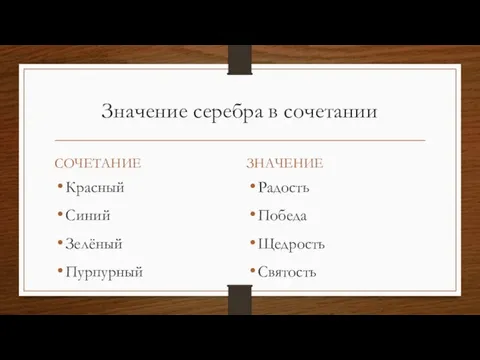 Значение серебра в сочетании СОЧЕТАНИЕ Красный Синий Зелёный Пурпурный ЗНАЧЕНИЕ Радость Победа Щедрость Святость