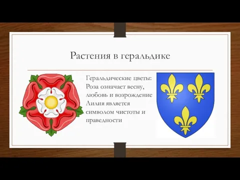 Растения в геральдике Геральдические цветы: Роза означает весну, любовь и возрождение Лилия