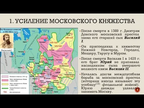 1. УСИЛЕНИЕ МОСКОВСКОГО КНЯЖЕСТВА После смерти в 1389 г. Дмитрия Донского московский