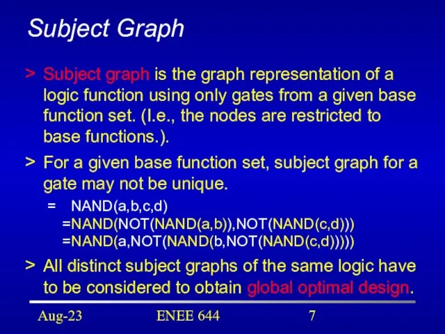 Aug-23 ENEE 644 Subject Graph Subject graph is the graph representation of