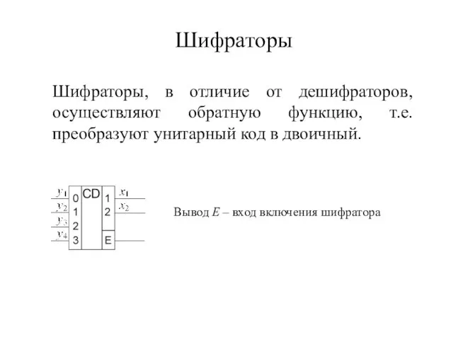 Шифраторы Шифраторы, в отличие от дешифраторов, осуществляют обратную функцию, т.е. преобразуют унитарный