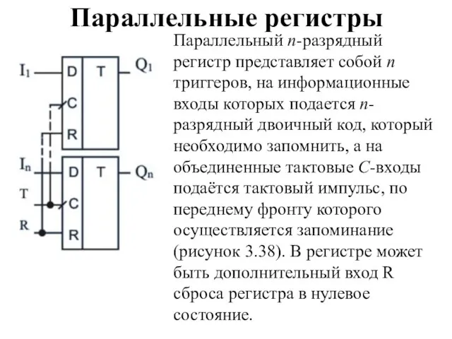 Параллельные регистры Параллельный n-разрядный регистр представляет собой n триггеров, на информационные входы