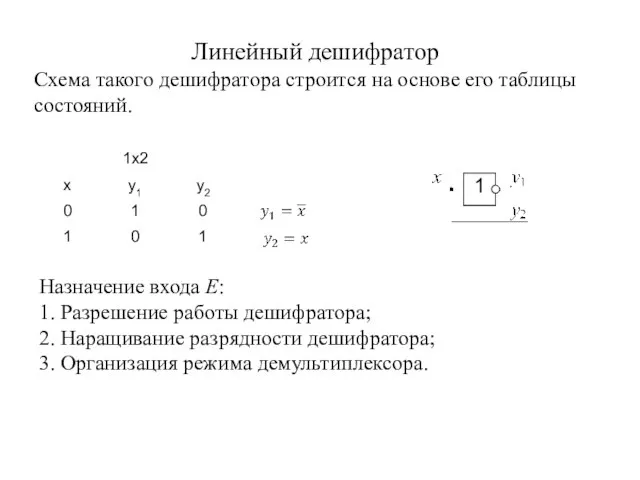 Линейный дешифратор Схема такого дешифратора строится на основе его таблицы состояний. Назначение