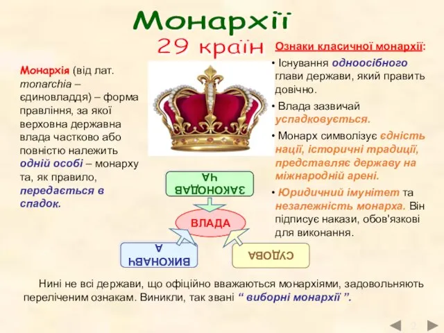 Монархії 29 країн 2 Монархія (від лат. monarchia – єдиновладдя) – форма