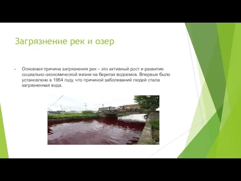 Загрязнение рек и озер Основная причина загрязнения рек – это активный рост