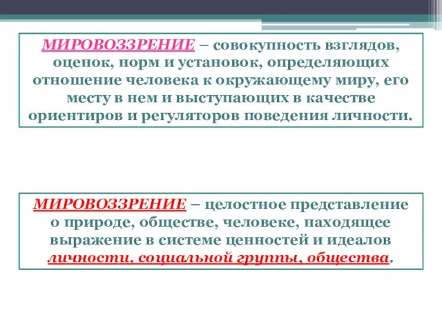 МИРОВОЗЗРЕНИЕ – совокупность взглядов, оценок, норм и установок, определяющих отношение человека к