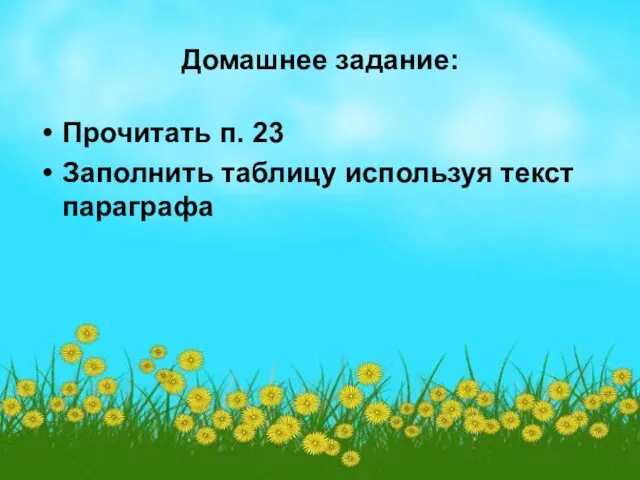 Домашнее задание: Прочитать п. 23 Заполнить таблицу используя текст параграфа