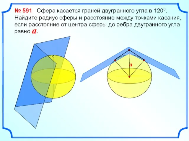 № 591 Сфера касается граней двугранного угла в 1200. Найдите радиус сферы