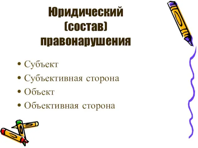 Юридический (состав) правонарушения Субъект Субъективная сторона Объект Объективная сторона