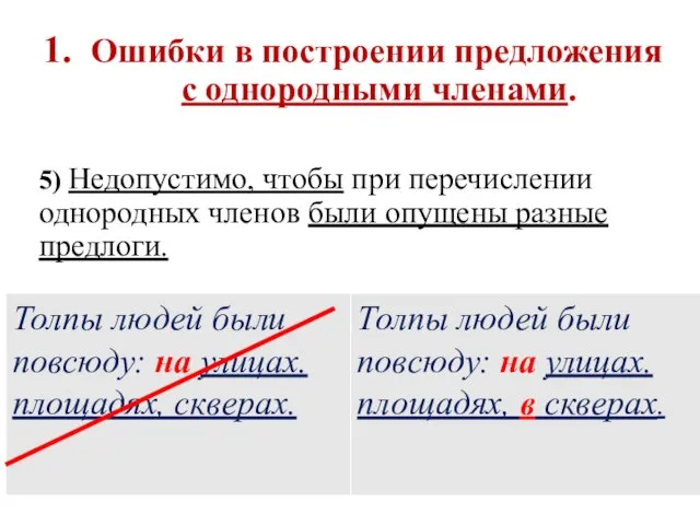 1. Ошибки в построении предложения с однородными членами. 5) Недопустимо, чтобы при