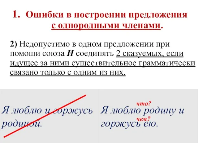 1. Ошибки в построении предложения с однородными членами. 2) Недопустимо в одном