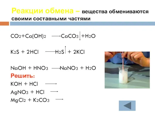 Реакции обмена – вещества обмениваются своими составными частями CO2+Ca(OH)2 CaCO3 +H2O K2S