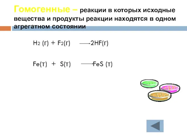 Гомогенные – реакции в которых исходные вещества и продукты реакции находятся в