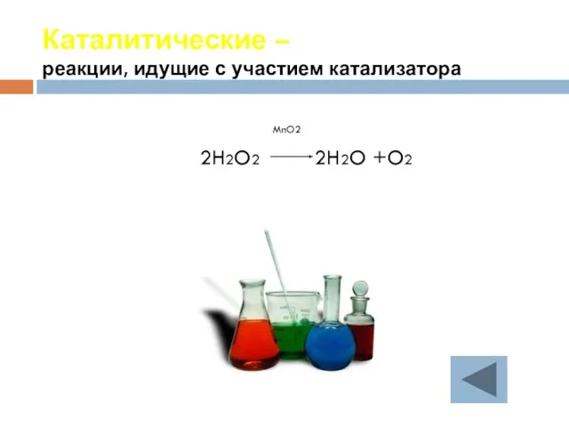 Каталитические – реакции, идущие с участием катализатора MnO2 2H2O2 2H2O +O2