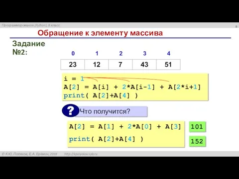 Обращение к элементу массива i = 1 A[2] = A[i] + 2*A[i-1]