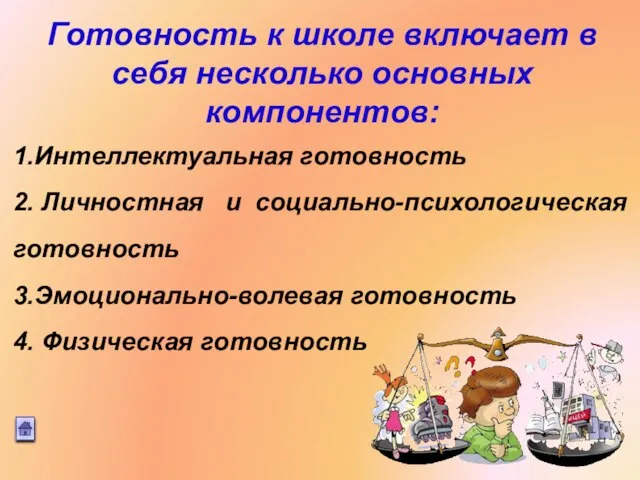 Готовность к школе включает в себя несколько основных компонентов: 1.Интеллектуальная готовность 2.