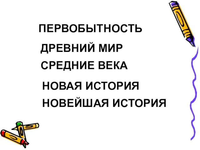 ПЕРВОБЫТНОСТЬ ДРЕВНИЙ МИР СРЕДНИЕ ВЕКА НОВАЯ ИСТОРИЯ НОВЕЙШАЯ ИСТОРИЯ