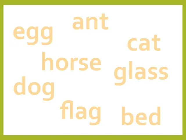 ant bed cat dog egg flag glass horse