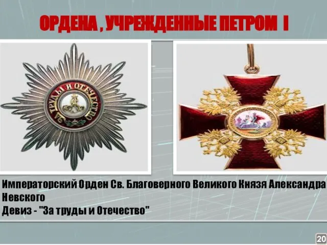 ОРДЕНА , УЧРЕЖДЕННЫЕ ПЕТРОМ I Императорский Орден Св. Благоверного Великого Князя Александра