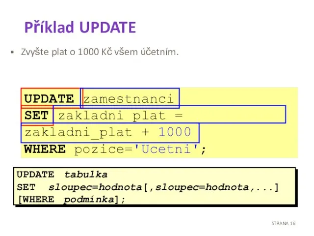 Příklad UPDATE Zvyšte plat o 1000 Kč všem účetním. UPDATE zamestnanci SET