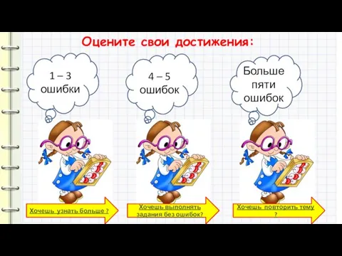 Оцените свои достижения: 1 – 3 ошибки 4 – 5 ошибок Больше