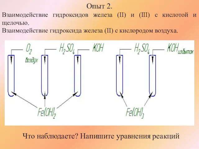 Опыт 2. Взаимодействие гидроксидов железа (II) и (III) с кислотой и щелочью.
