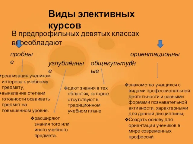 Виды элективных курсов пробные реализация учеником интереса к учебному предмету; выявление степени