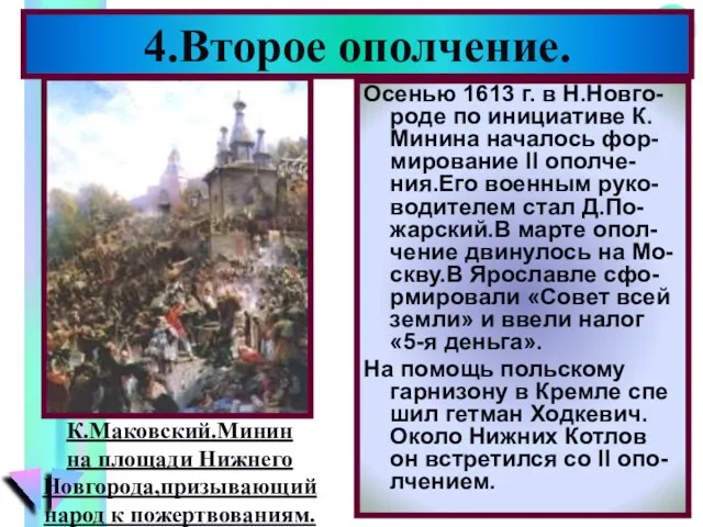 4.Второе ополчение. Осенью 1613 г. в Н.Новго-роде по инициативе К. Минина началось