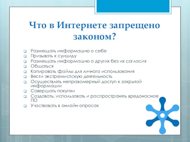 Что в Интернете запрещено законом? Размещать информацию о себе Призывать к суициду