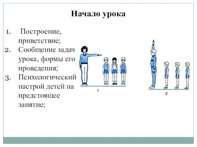 Построение, приветствие; Сообщение задач урока, формы его проведения; Психологический настрой детей на предстоящее занятие; Начало урока