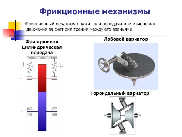 Фрикционные механизмы Фрикционная цилиндрическая передача Лобовой вариатор Фрикционный механизм служит для передачи