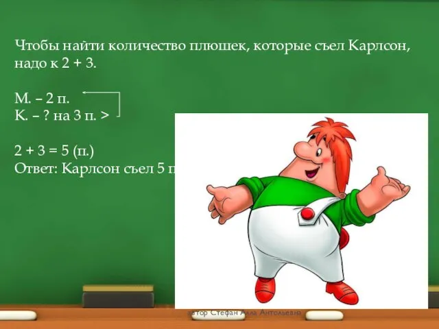 Чтобы найти количество плюшек, которые съел Карлсон, надо к 2 + 3.