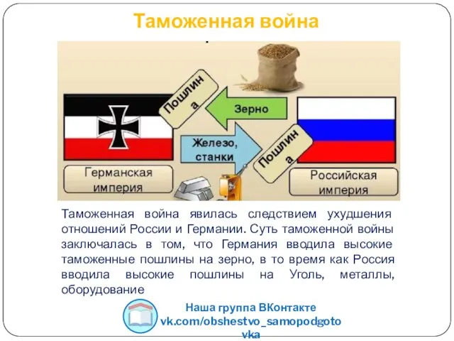 Таможенная война Таможенная война явилась следствием ухудшения отношений России и Германии. Суть