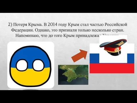 2) Потеря Крыма. В 2014 году Крым стал частью Российской Федерации. Однако,