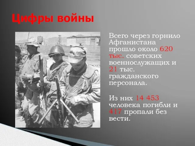 Цифры войны Всего через горнило Афганистана прошло около 620 тыс. советских военнослужащих